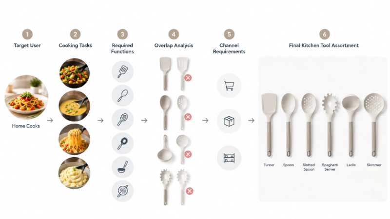 A product-planning flow showing target user, cooking tasks, required functions, overlap analysis, channel requirements, and the final kitchen tool assortment.