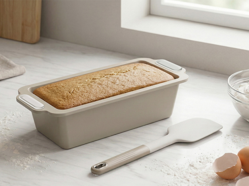 L-TOOLS freshly baked bread in a ceramic pan, ready for serving on a kitchen counter.
