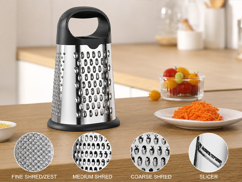 l-tools box grater with stainless steel blades for shredding cheese, vegetables and food preparation.