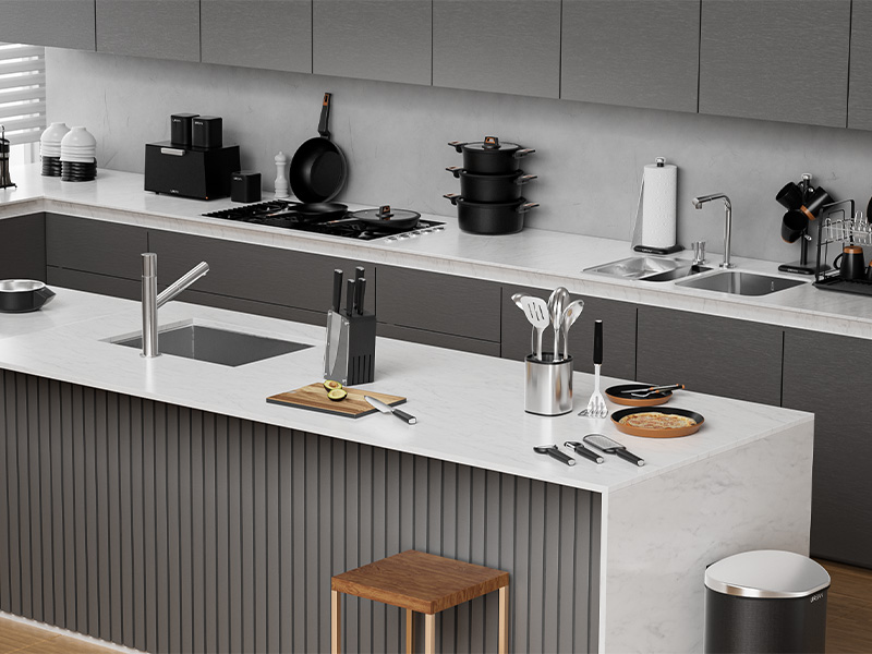 L-TOOLS modern kitchen setup with knives and cooking utensils, demonstrating functional workspace.