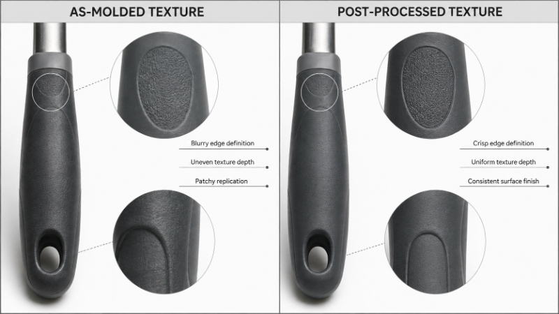 Inconsistent molded grip texture compared with controlled post-process texture