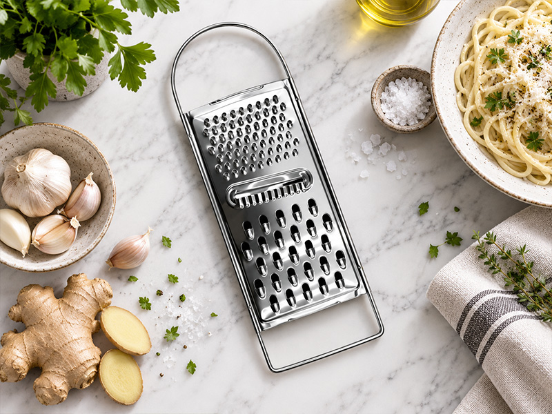 l-tools flat grater with stainless steel blade surface for cheese and vegetable preparation.