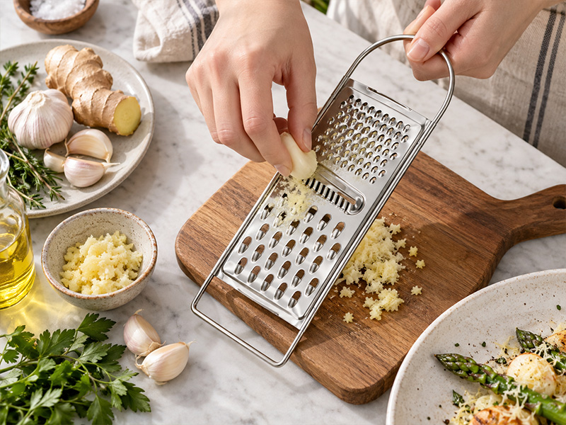 l-tools flat grater used for shredding cheese and vegetables during food preparation.