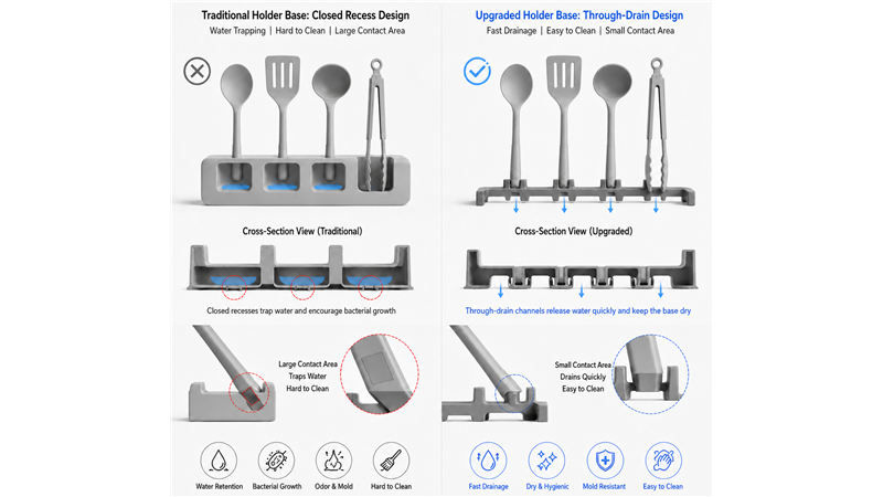 Storage base redesign to reduce trapped water after washing