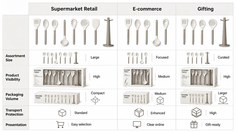 A channel comparison showing the different priorities of supermarket retail, e-commerce, and gifting across assortment size, product visibility, packaging volume, transport protection, and presentation.