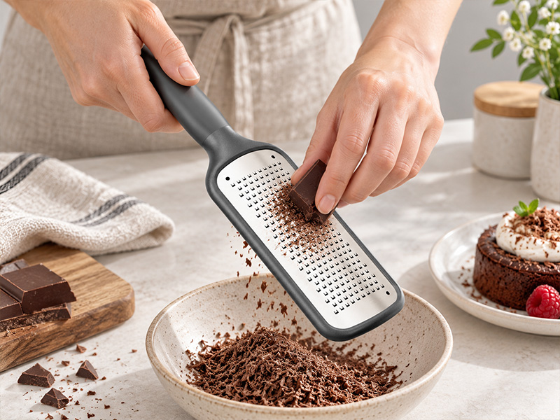 l-tools handheld grater used for quickly shredding cheese, vegetables and kitchen ingredients.