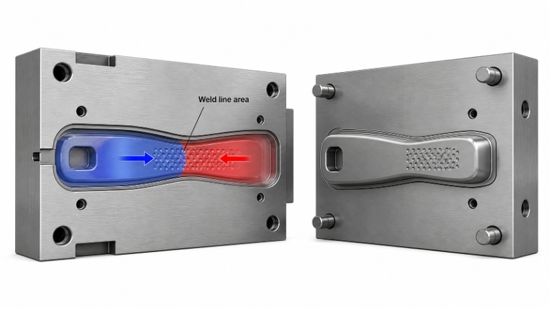 Plastic flow fronts meeting beneath a functional grip texture