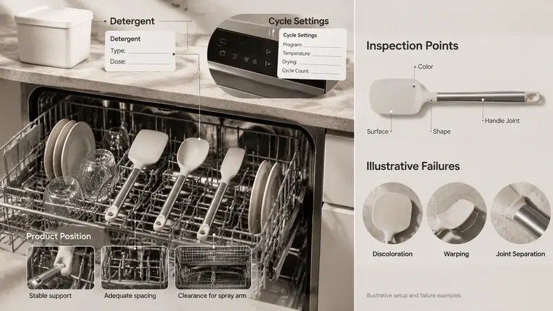 Dishwasher test setup showing cycle settings, detergent, product position, inspection points, and examples of failed results.
