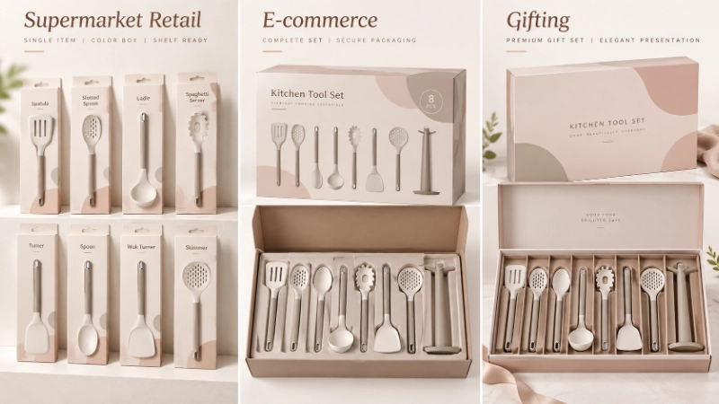Three coordinated versions of the same kitchen tool concept: a compact retail set, an e-commerce set with secure internal packaging, and a curated gift set with an organized presentation.