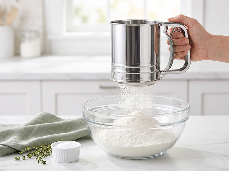 L-TOOLS flour sifter tool for baking preparation, flour filtering, and pastry making applications.