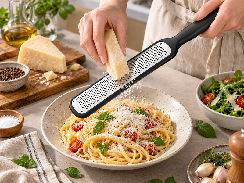 l-tools cheese grater used for shredding cheese over pasta and preparing European cuisine.