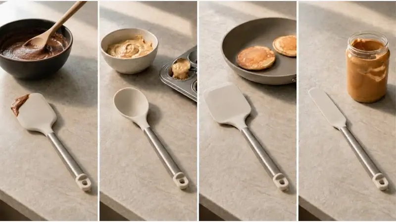Baking spatula, spoonula, cooking spatula, and narrow jar spatula shown side by side with their main applications.