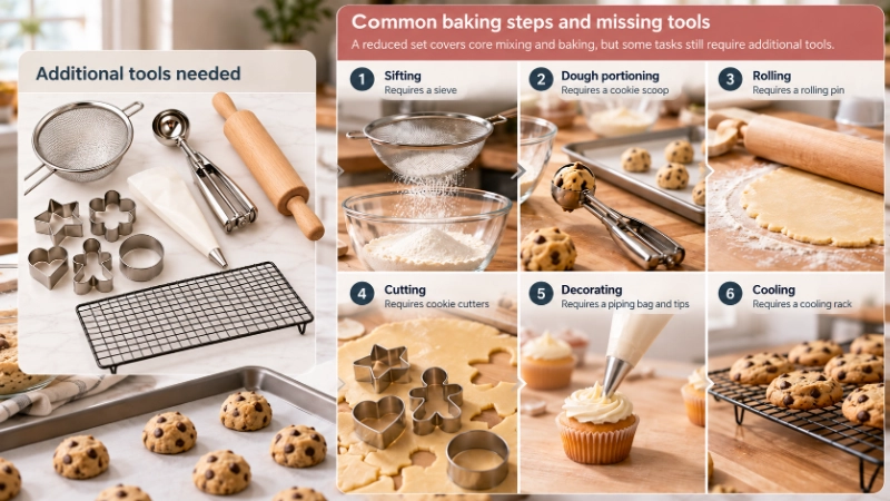 A baking workflow diagram showing the gaps left by the reduced set, including sifting, dough portioning, and decorating steps that require tools outside the package.