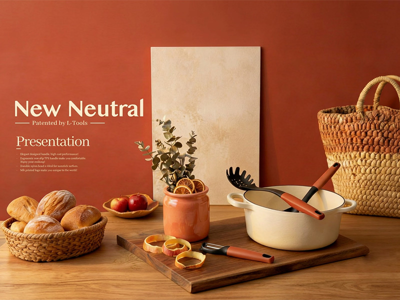 L-TOOLS neutral-toned cookware set with stylish kitchen accessories for home cooking.