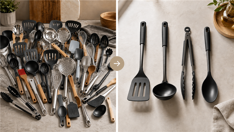 Focused kitchen utensil assortment compared with an oversized mixed set