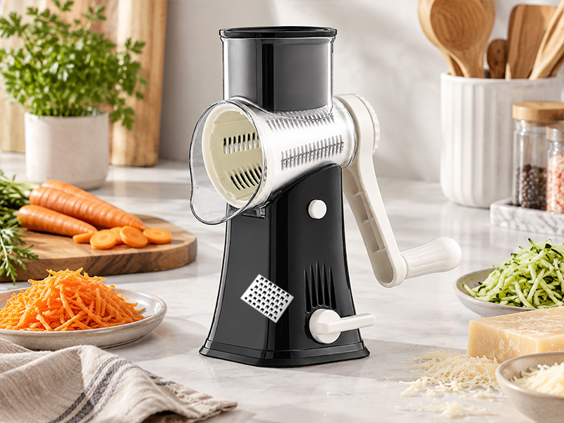 l-tools rotary grater with interchangeable blades for slicing and shredding kitchen ingredients.
