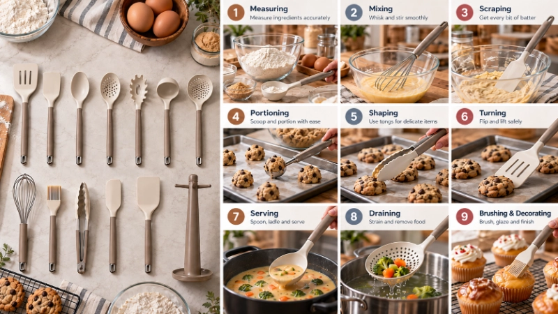 A complete baking workflow matched to the retained tools, showing how every product supports a distinct step from measuring and mixing to baking and decorating.