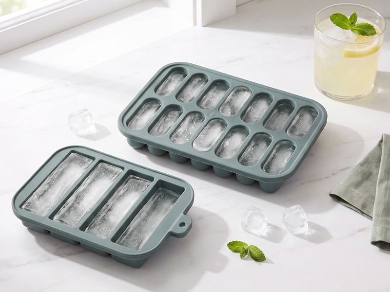L-TOOLS silicone ice cube tray with long rectangular molds for making ice sticks and chilled beverages.