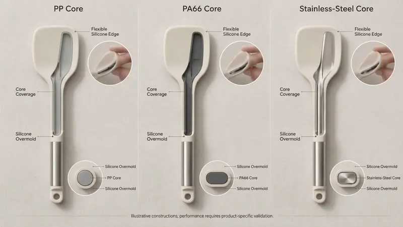 Cutaway comparison of PP/PA66 and stainless-steel cores, showing core coverage, edge flexibility, and overmolding.