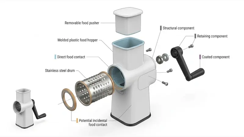 Component-level food-contact compliance map for a kitchen gadget.