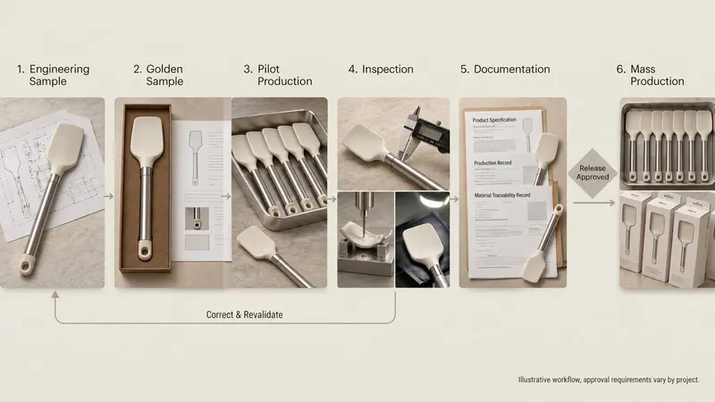 Development workflow from engineering sample and golden sample to pilot production, inspection, documentation, and mass production.