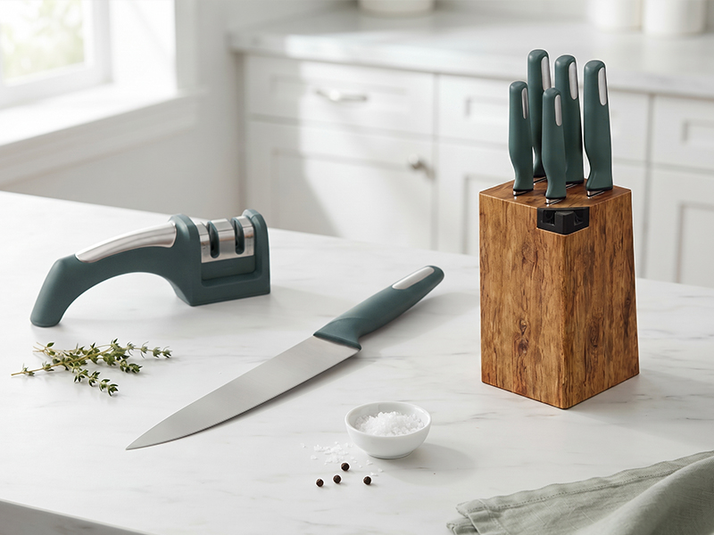 L-TOOLS kitchen knife set with wooden block holder for safe storage and food preparation.