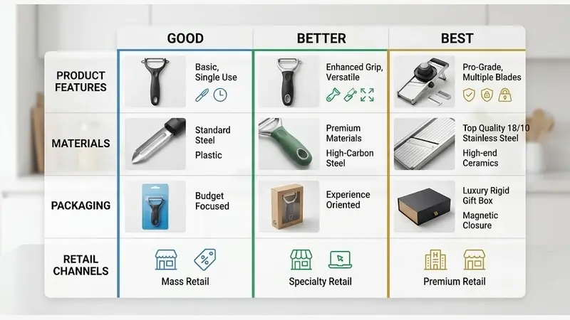 Good-better-best price architecture for kitchen gadget retail programs.