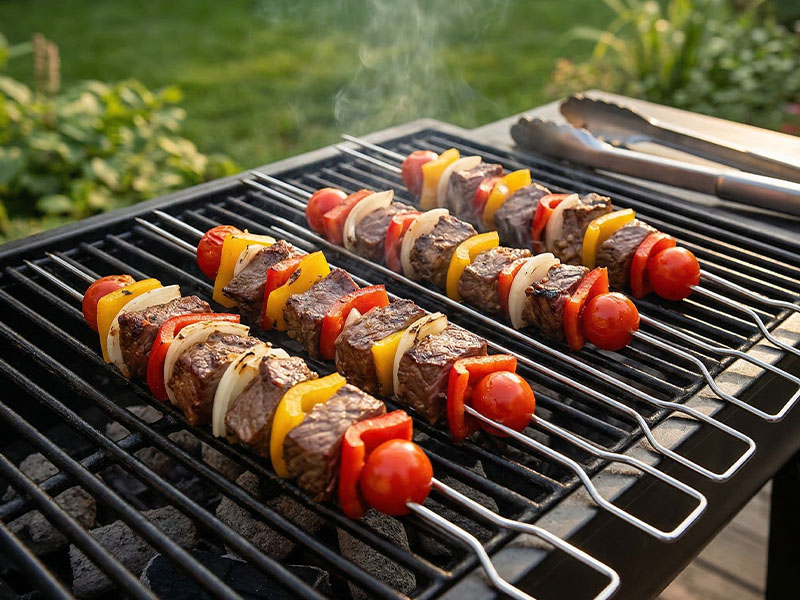 L-TOOLS skewers of meat and vegetables cooking on a grill, highlighting versatile outdoor cooking.