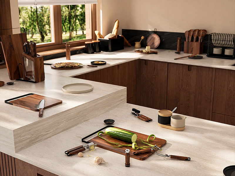 L-TOOLS modern kitchen layout showcasing countertop organization and premium kitchen accessories.
