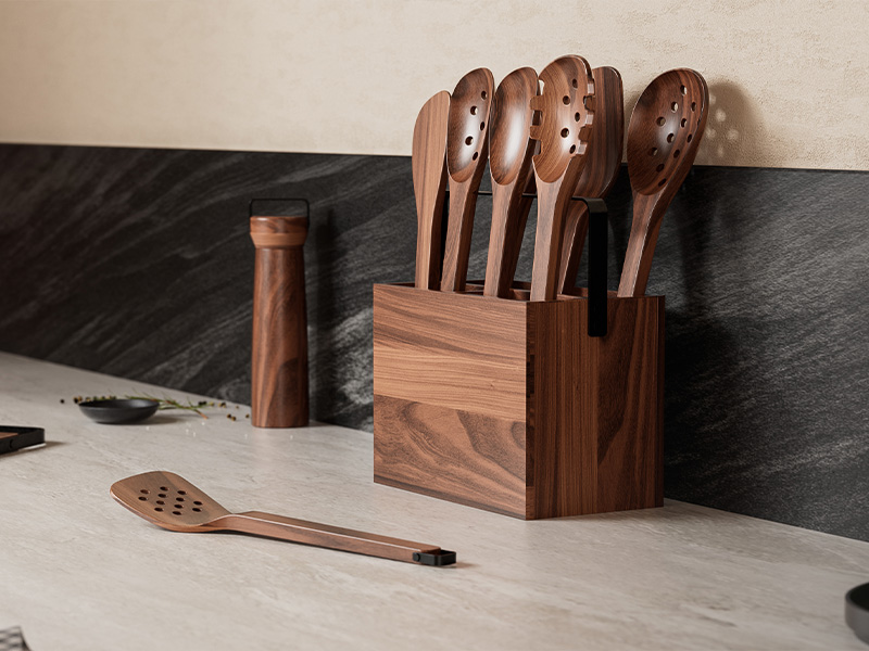 L-TOOLS wooden knife block set with kitchen utensils, highlighting organized and premium kitchen storage.