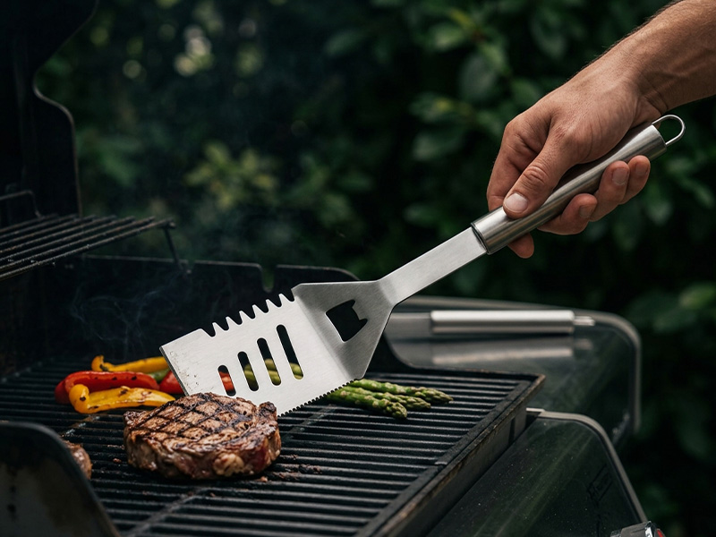 L-TOOLS grilling a steak with a wide spatula, demonstrating professional BBQ tool usage.