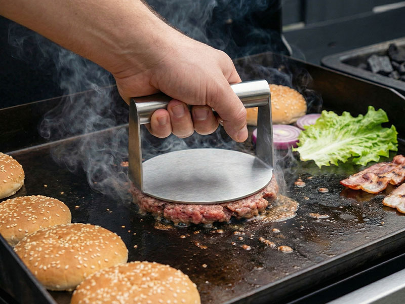L-TOOLS hand pressing burger patties with a stainless steel burger press on a grill.