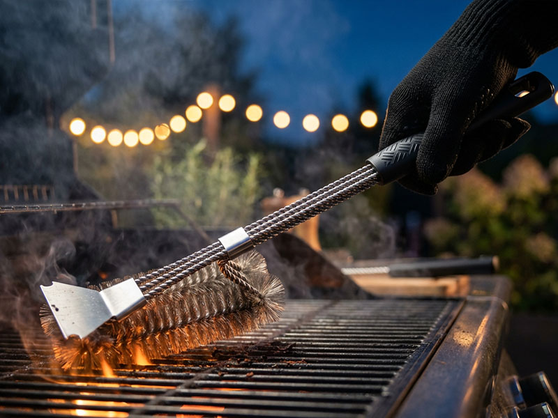 L-TOOLS person grilling outdoors with tongs over a barbecue, capturing the essence of summer cooking.