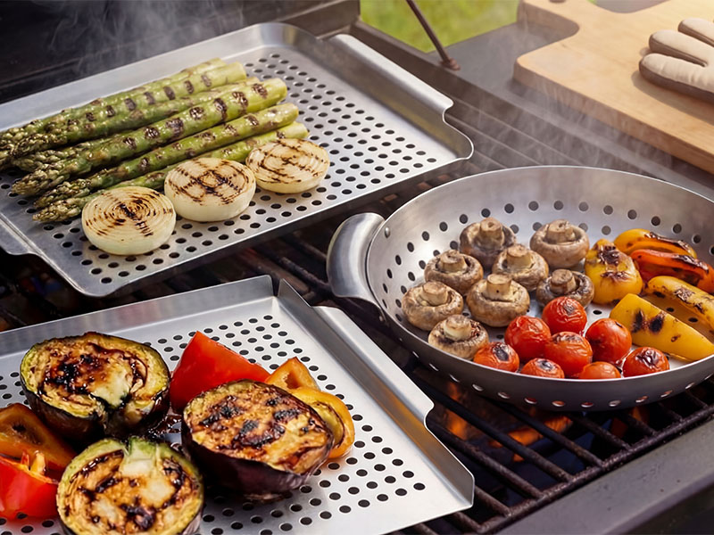 L-TOOLS grill tray with assorted vegetables and meats being cooked, highlighting outdoor cooking versatility.