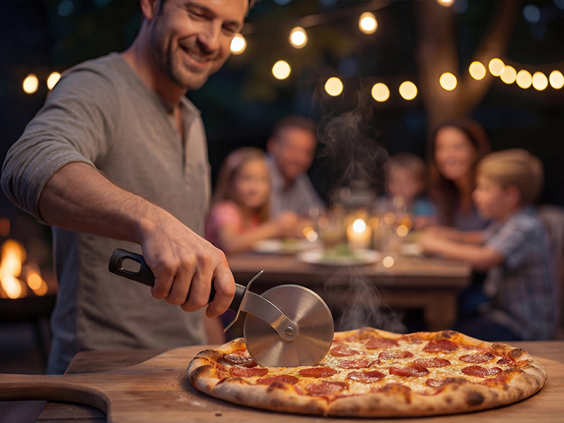 L-TOOLS man slicing pizza at a social gathering, demonstrating outdoor cooking and entertainment.