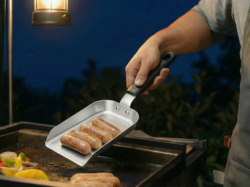 L-TOOLS grilling sausages with a professional L-TOOLS spatula, perfect for backyard BBQs.