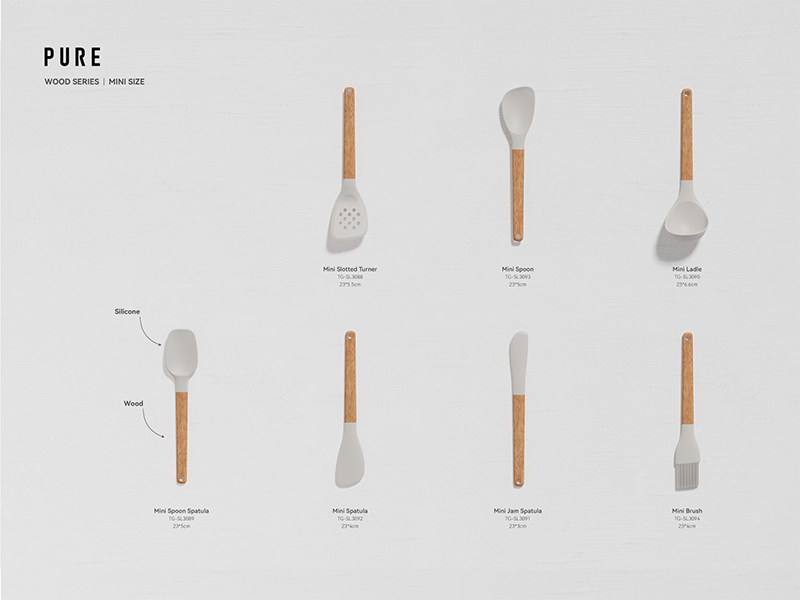 L-TOOLS PURE MINI wooden handle kitchen utensil series for modern cooking applications.
