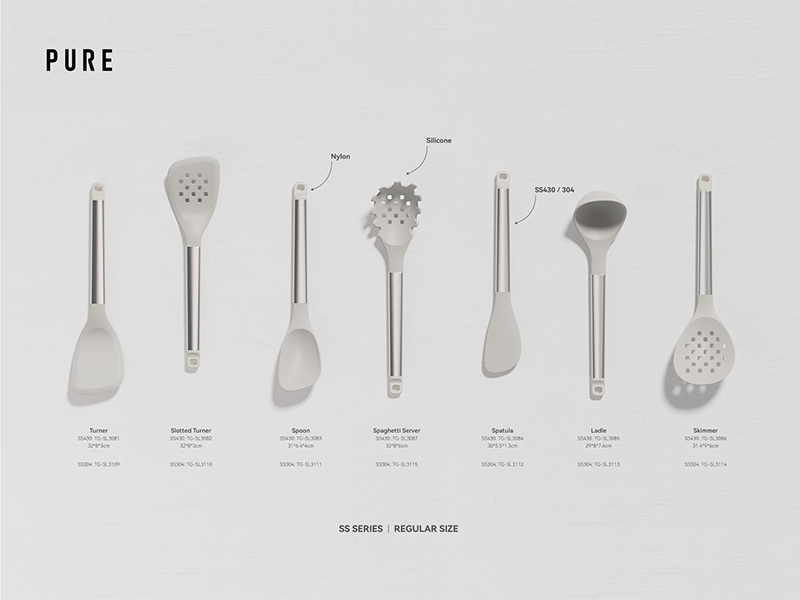 L-TOOLS PURE stainless steel kitchen utensils series featuring premium cooking tools.