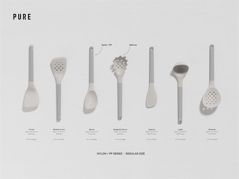 L-TOOLS PURE nylon kitchen utensil series featuring heat-resistant cooking accessories.