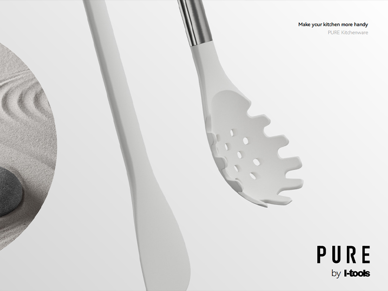 L-TOOLS stainless steel pasta server with modern ergonomic design for practical cooking use.