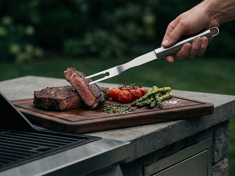 L-TOOLS hand flipping a steak on a grill using a stainless steel spatula, highlighting outdoor cooking techniques.