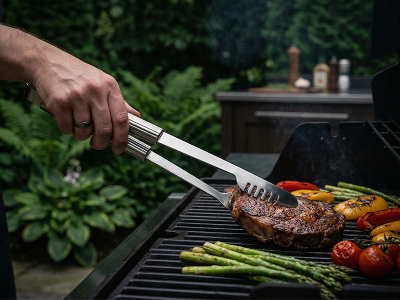 L-TOOLS person grilling meat and vegetables with tongs on an outdoor barbecue, emphasizing precise cooking.