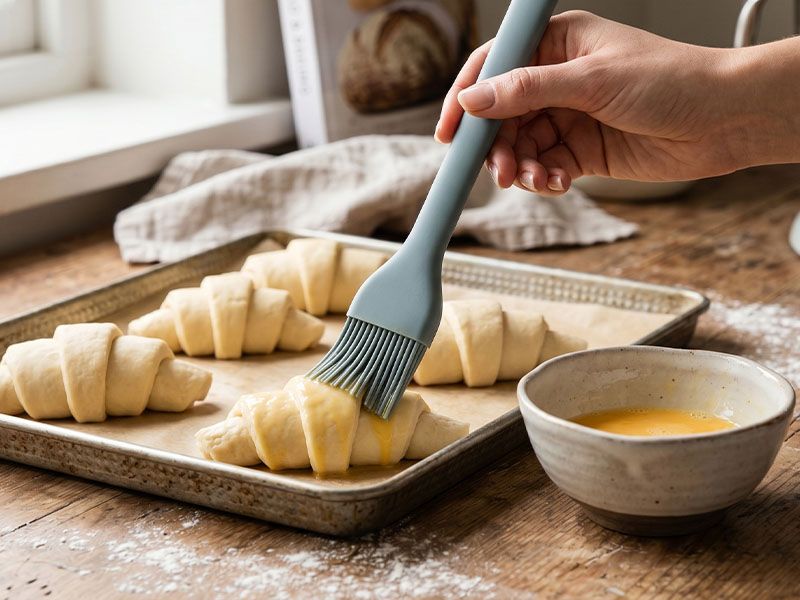 L-TOOLS pastry brush applying egg wash to croissants on a baking tray, emphasizing finishing touches.