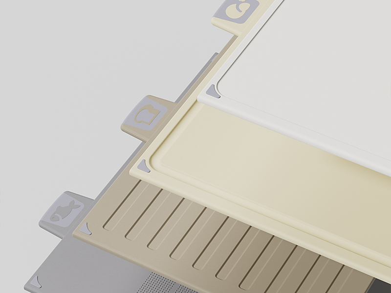 L-TOOLS cream-colored cutting board with textured surface, ideal for food preparation.