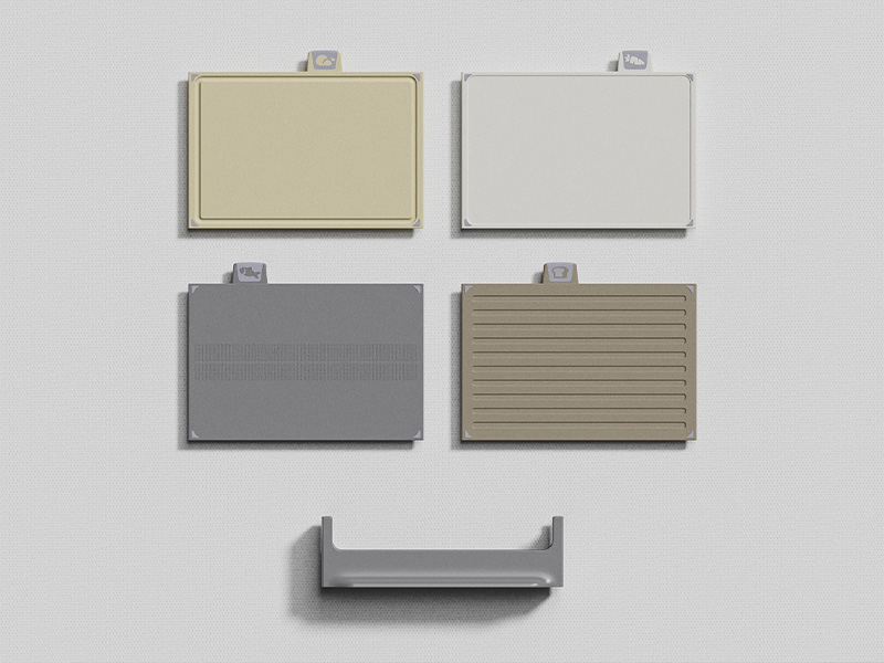 L-TOOLS set of cutting boards and trays in neutral colors, emphasizing practical kitchen organization.