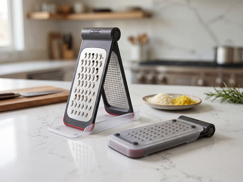 L-TOOLS person grating cheese using a handheld grater, demonstrating efficient food preparation.