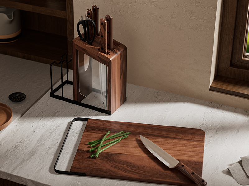 L-TOOLS chef knife on a wooden board ready for chopping ingredients, highlighting precision kitchen tools.