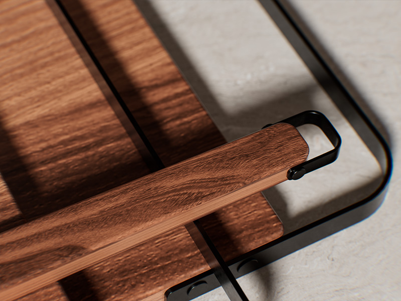 L-TOOLS close-up of wooden knife block and handles, emphasizing high-quality kitchen storage and tools.