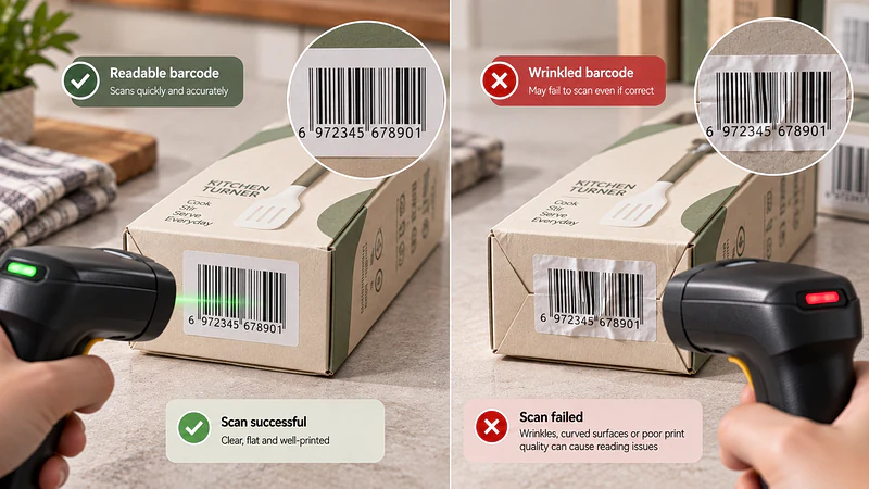 A close-up comparison between a flat, readable barcode and a wrinkled barcode label on the bottom of a kitchenware box. Show a handheld scanner attempting to read each version.