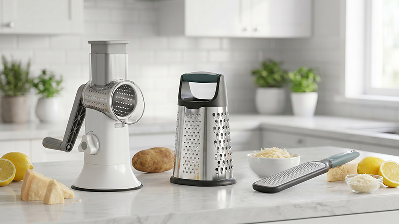 Rotary cheese grater, box grater, and handheld grater comparison.